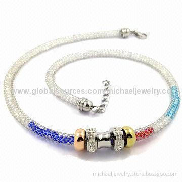 Stainless steel necklaces with interval of IP gold & rose gold plating/red, blue & white crystals
